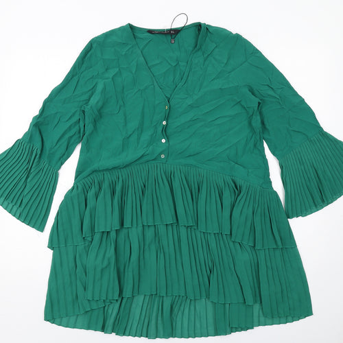 Zara Womens Green Polyester Skater Dress Size S V-Neck Button