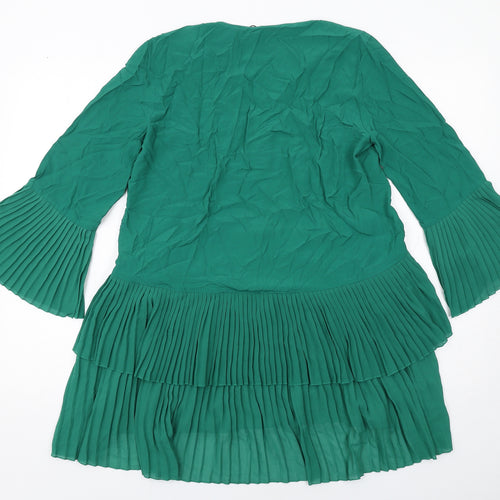 Zara Womens Green Polyester Skater Dress Size S V-Neck Button