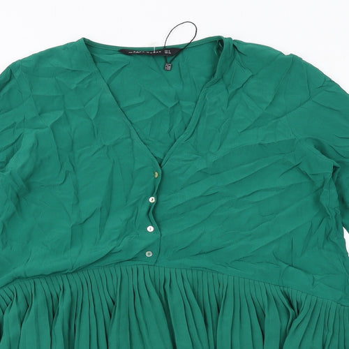 Zara Womens Green Polyester Skater Dress Size S V-Neck Button