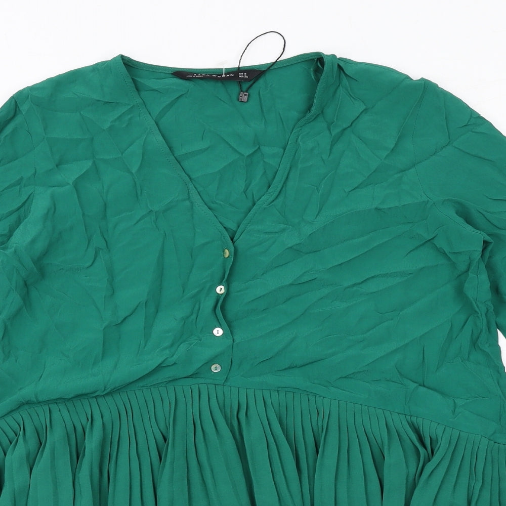 Zara Womens Green Polyester Skater Dress Size S V-Neck Button