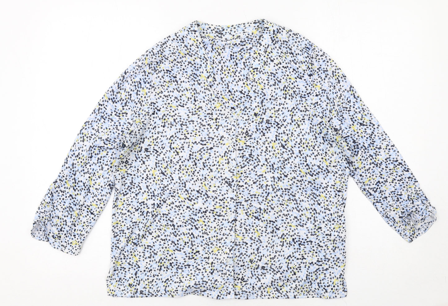 Marks and Spencer Womens Blue Geometric Polyester Basic Button-Up Size 14 V-Neck