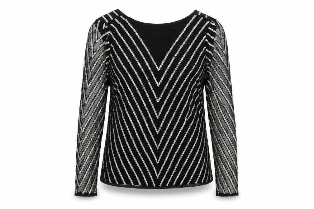 Front view of ASOS women’s black striped polyester basic blouse, size UK 8, boat neck - embellished
