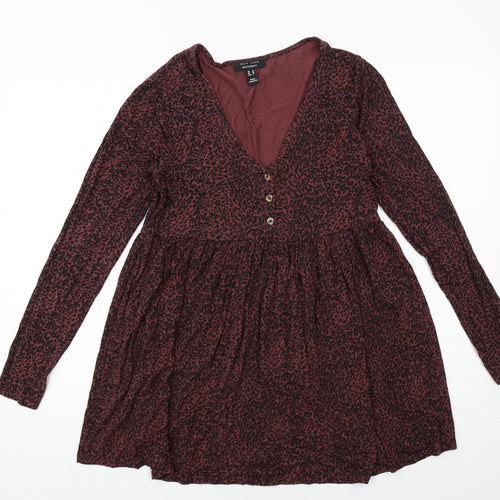 New Look Womens Red Animal Print Viscose Tunic Blouse Size 10 V-Neck - Leopard Print