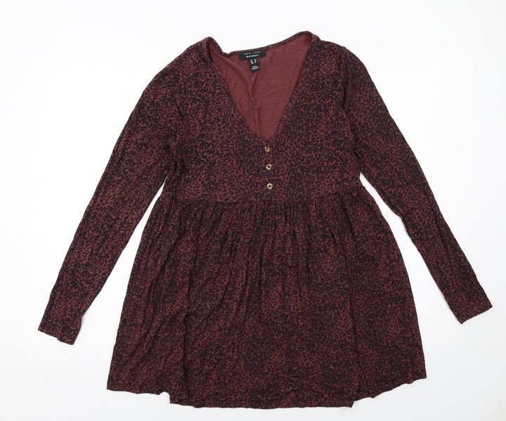New Look Womens Red Animal Print Viscose Tunic Blouse Size 10 V-Neck - Leopard Print