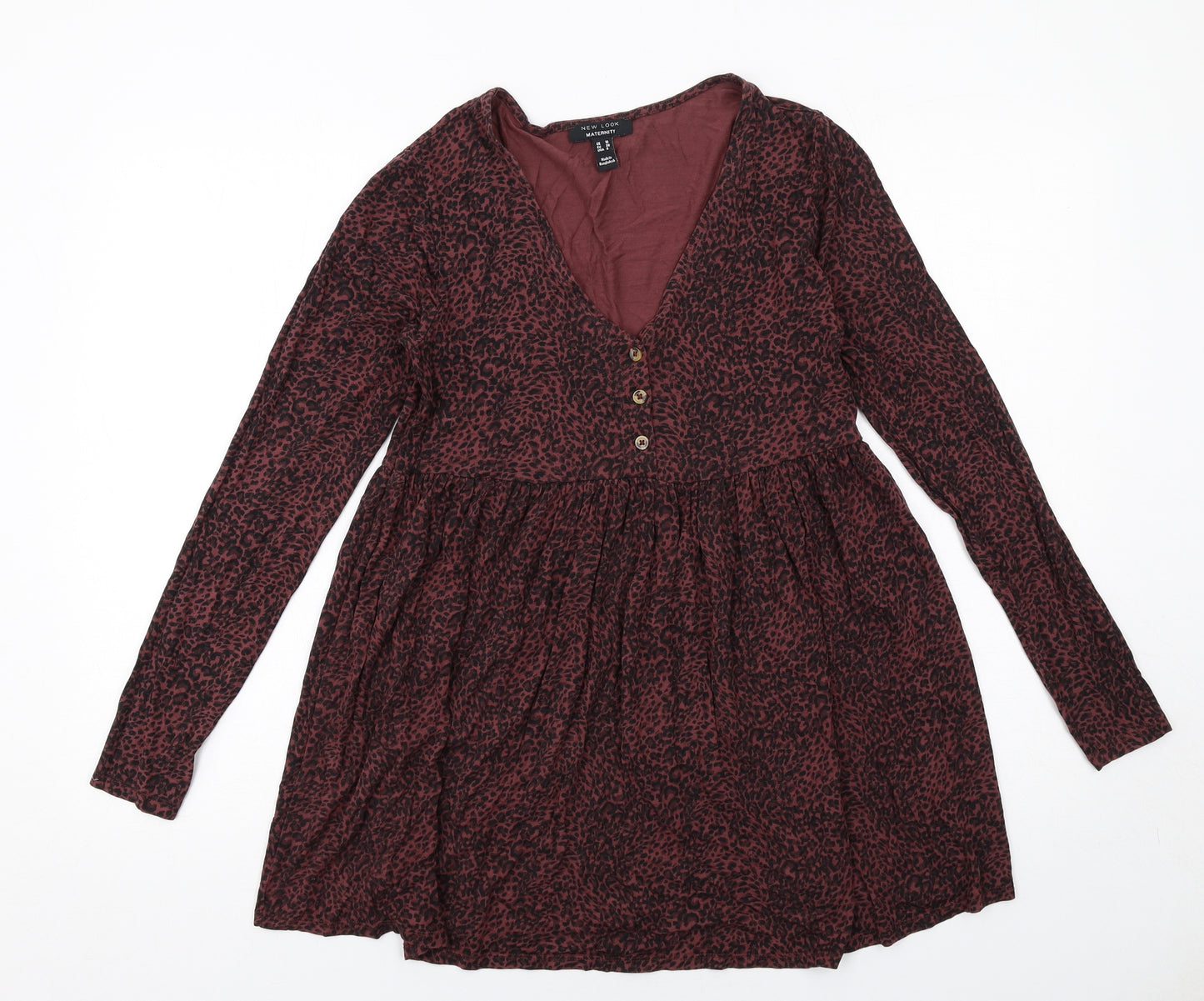 New Look Womens Red Animal Print Viscose Tunic Blouse Size 10 V-Neck - Leopard Print