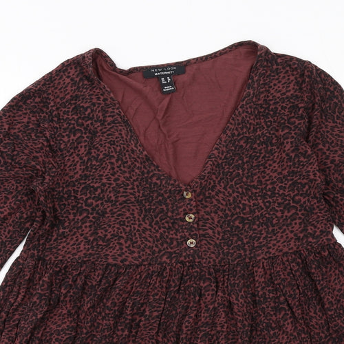 New Look Womens Red Animal Print Viscose Tunic Blouse Size 10 V-Neck - Leopard Print