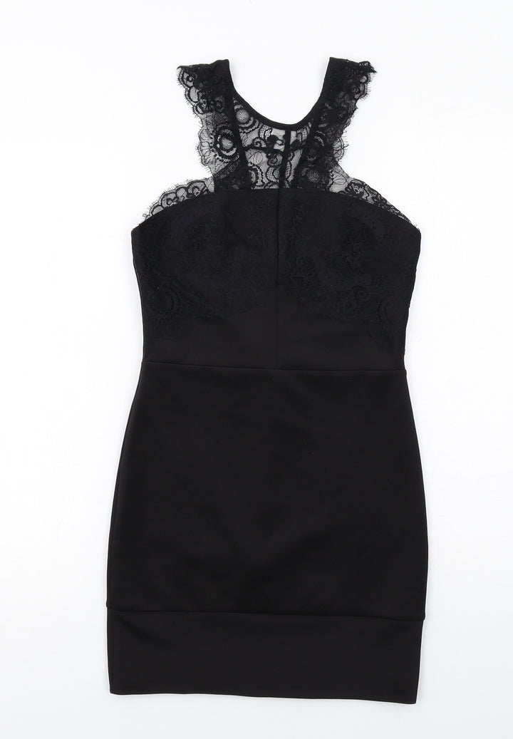 Topshop Womens Black Polyester Bodycon Size 8 Round Neck Zip