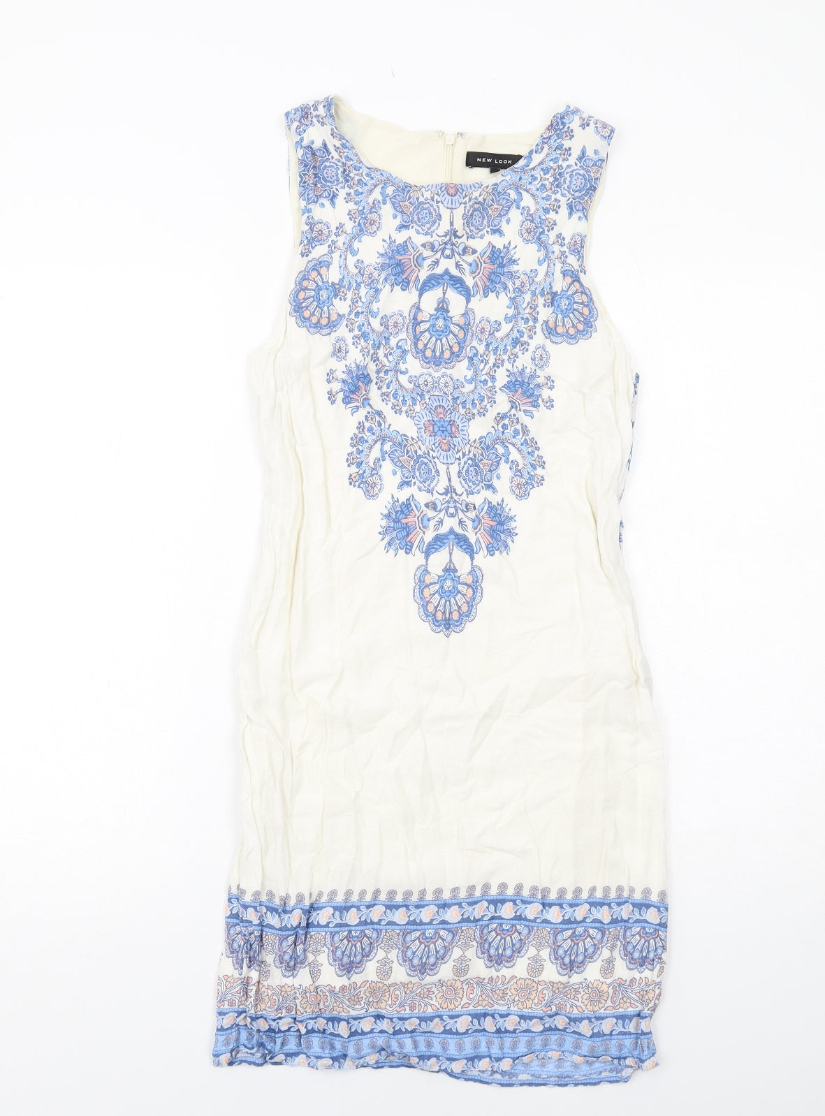 New Look Womens White Geometric Viscose Shift Size 10 Round Neck Zip