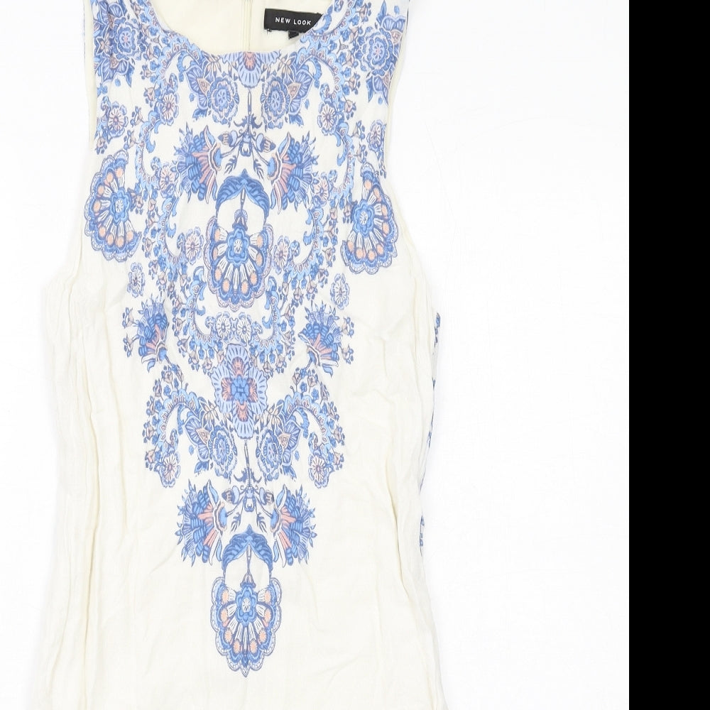 New Look Womens White Geometric Viscose Shift Size 10 Round Neck Zip
