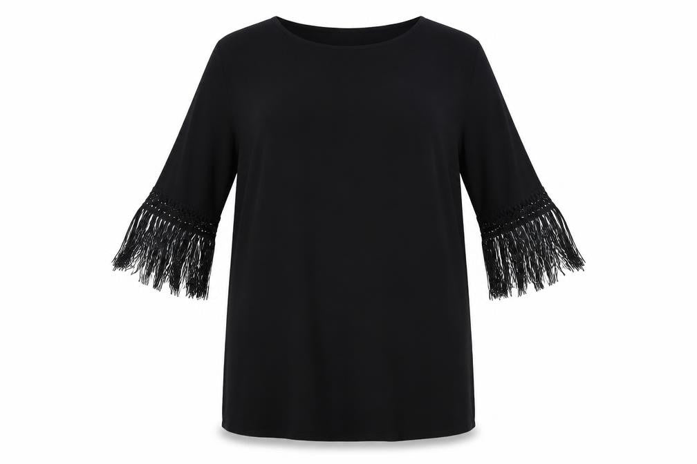Front view of ASOS women’s black polyester a-line, size UK 10, round neck pullover