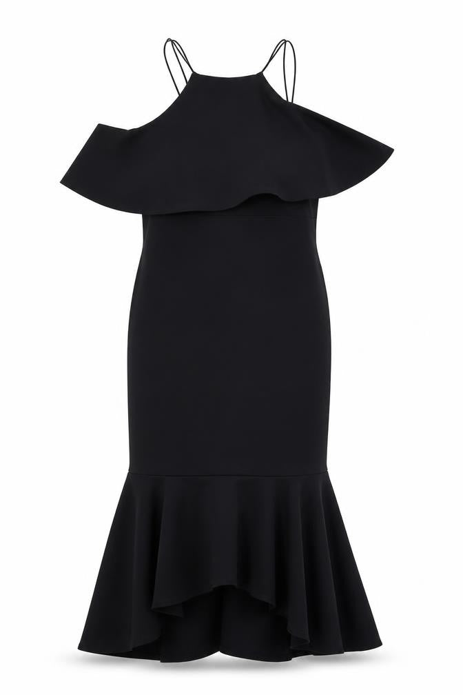Front view of ASOS women’s black polyester mermaid, size UK 14, square neck pullover - cold shoulder