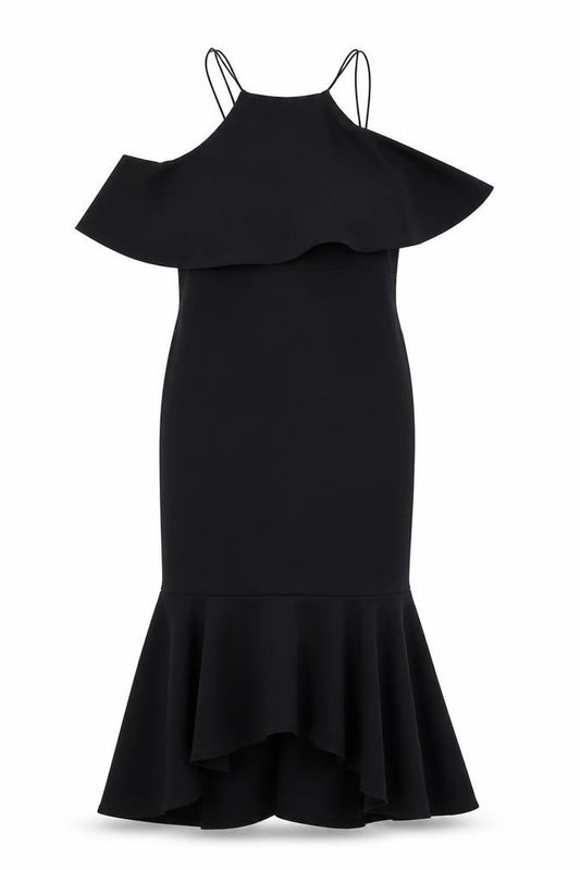 Front view of ASOS women’s black polyester mermaid, size UK 14, square neck pullover - cold shoulder