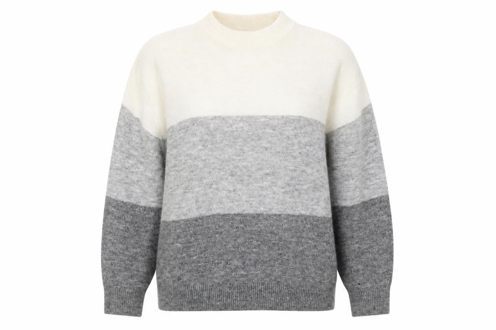 Front view of H&M women’s grey high neck striped polyester jumper, size M
