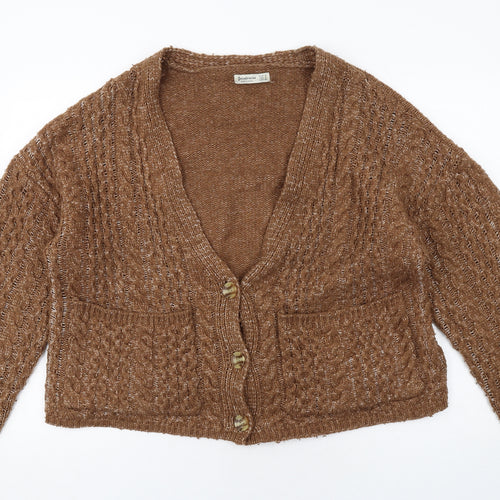 Stradivarius Womens Brown V-Neck Acrylic Cardigan Jumper Size M