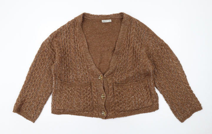 Stradivarius Womens Brown V-Neck Acrylic Cardigan Jumper Size M