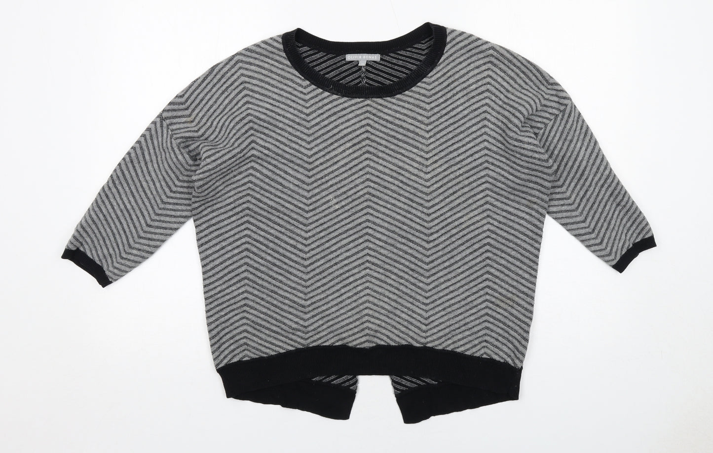 Oliver Bonas Womens Grey Round Neck Herringbone Cotton Pullover Jumper Size 10