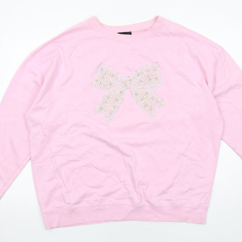 New Look Womens Pink Cotton Pullover Sweatshirt Size L Pullover - Bow detail