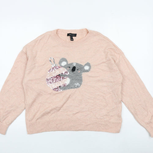 New Look Womens Pink Round Neck Acrylic Pullover Jumper Size M - Koala Christmas