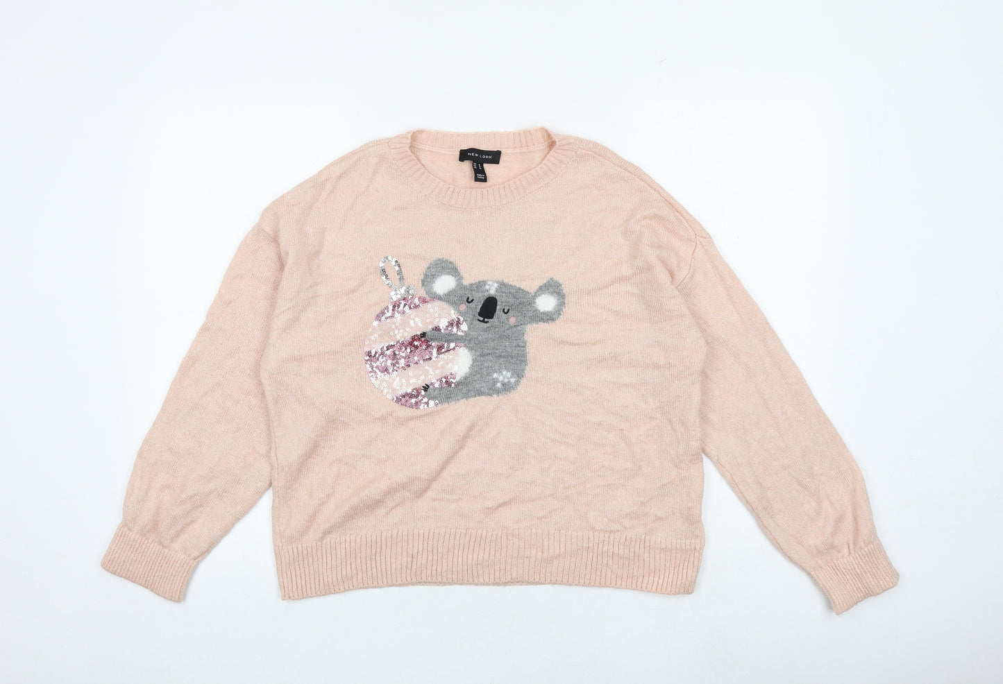 New Look Womens Pink Round Neck Acrylic Pullover Jumper Size M - Koala Christmas