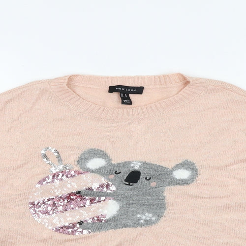 New Look Womens Pink Round Neck Acrylic Pullover Jumper Size M - Koala Christmas