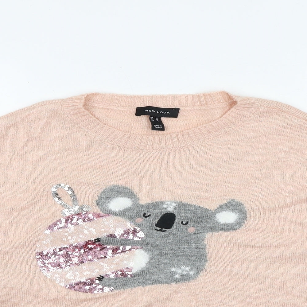 New Look Womens Pink Round Neck Acrylic Pullover Jumper Size M - Koala Christmas