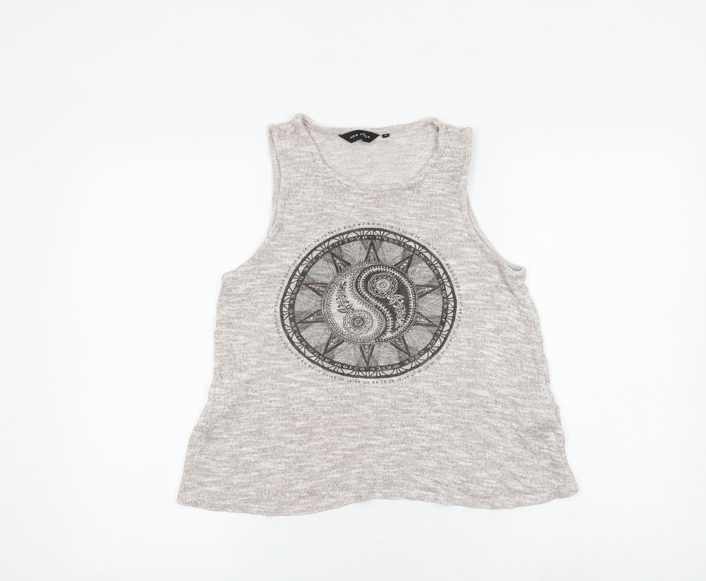 New Look Womens Grey Viscose Basic Tank Size M Boat Neck - Ying Yang Embellished