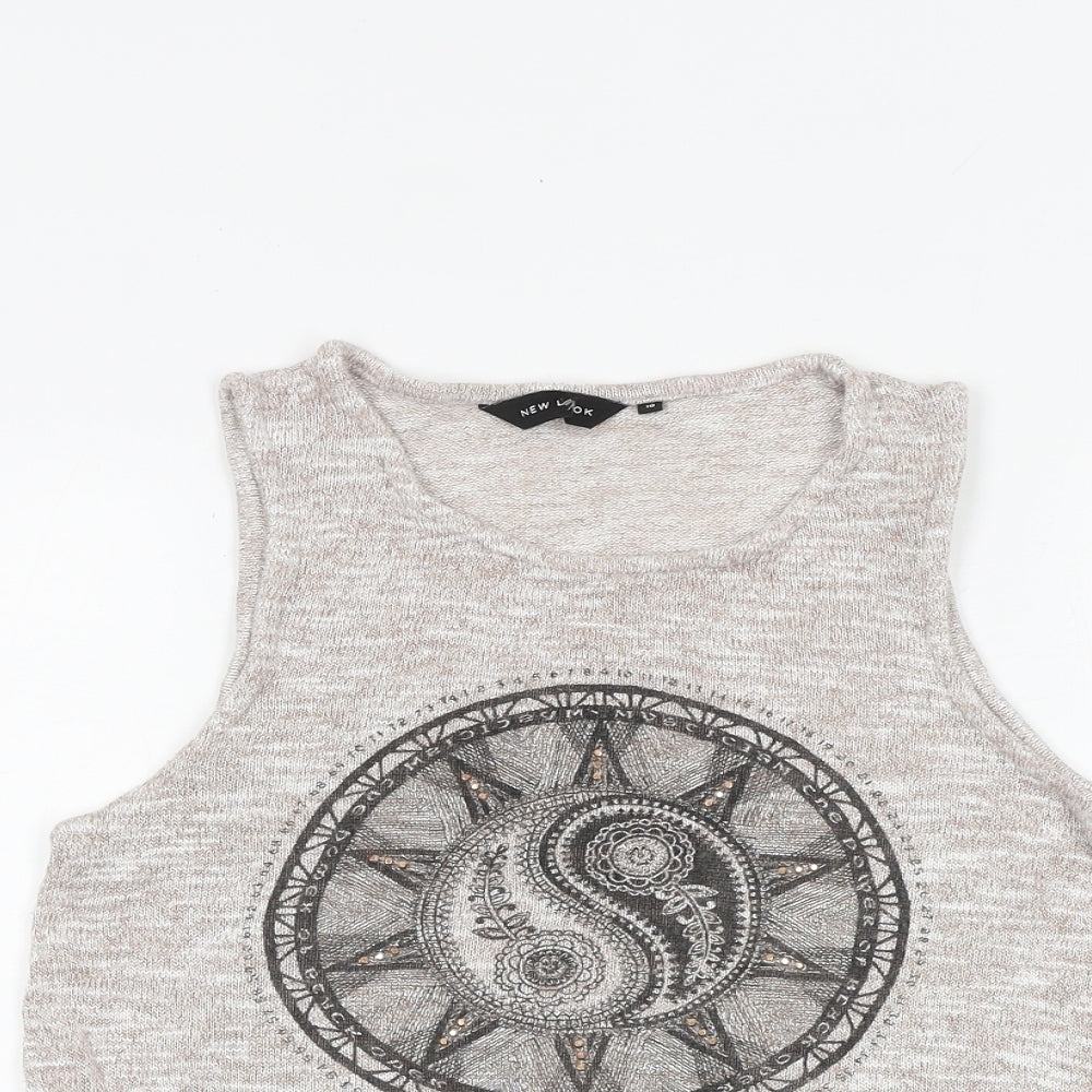 New Look Womens Grey Viscose Basic Tank Size M Boat Neck - Ying Yang Embellished
