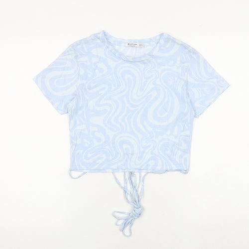 Stradivarius Womens Blue Geometric 100% Cotton Cropped T-Shirt Size M Round Neck - Tie Detail