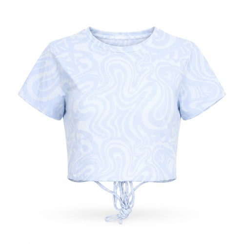 Stradivarius Womens Blue Geometric 100% Cotton Cropped T-Shirt Size M Round Neck - Tie Detail