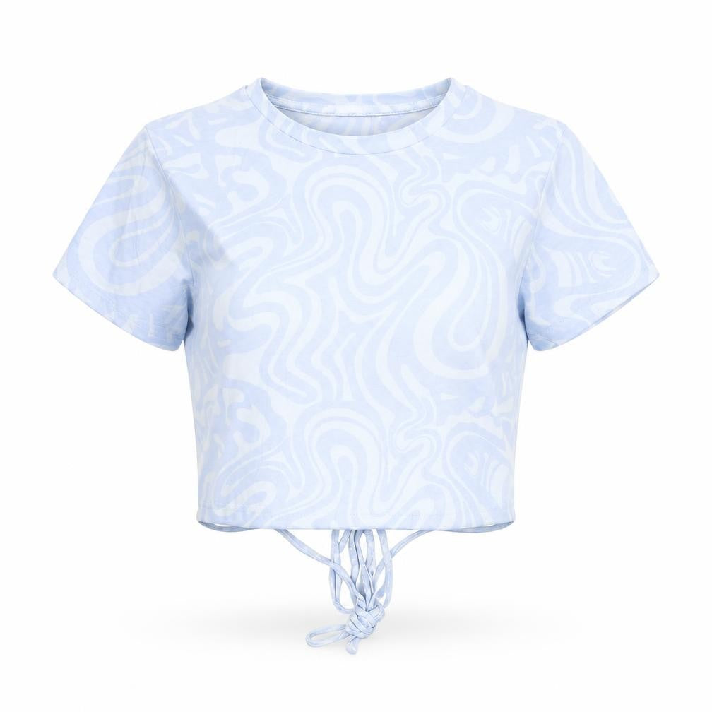 Stradivarius Womens Blue Geometric 100% Cotton Cropped T-Shirt Size M Round Neck - Tie Detail