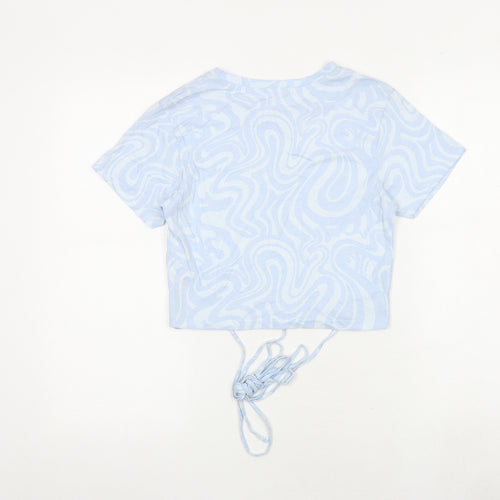 Stradivarius Womens Blue Geometric 100% Cotton Cropped T-Shirt Size M Round Neck - Tie Detail