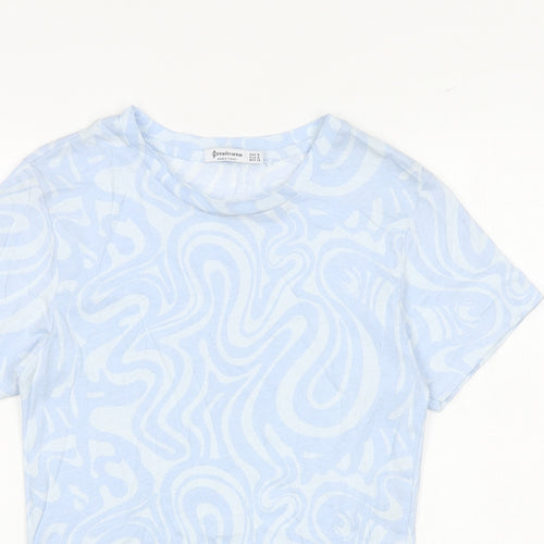 Stradivarius Womens Blue Geometric 100% Cotton Cropped T-Shirt Size M Round Neck - Tie Detail