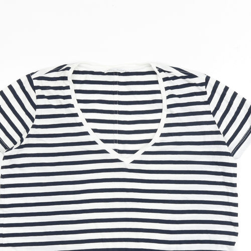 Zara Womens White Striped 100% Cotton Basic T-Shirt Size S V-Neck