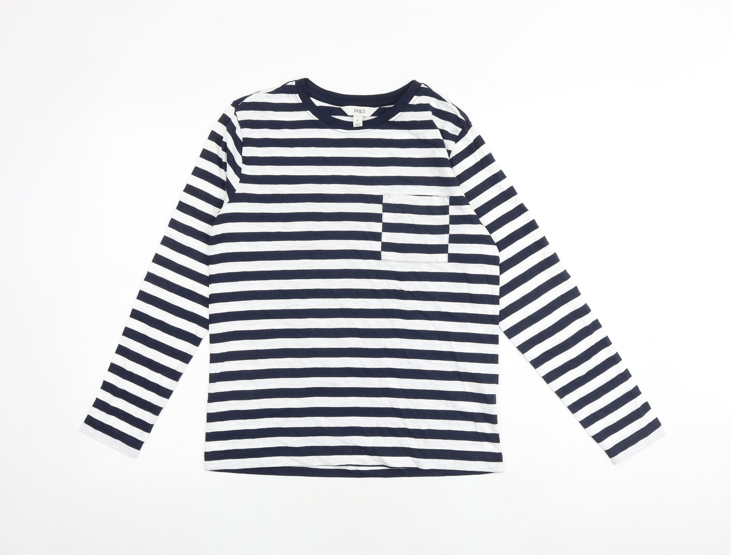 NEXT Womens Blue Striped 100% Cotton Basic T-Shirt Size 6 Round Neck