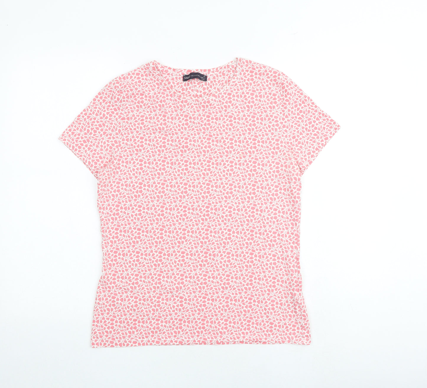 Marks and Spencer Womens Pink Cotton Basic T-Shirt Size 14 Round Neck