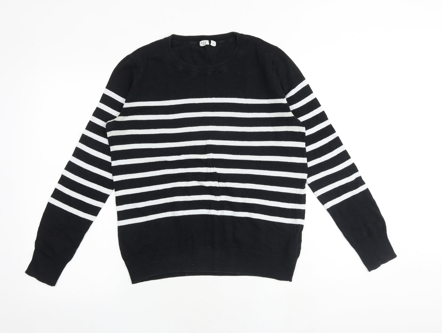 Gap Womens Black Round Neck Striped 100% Cotton Pullover Jumper Size M