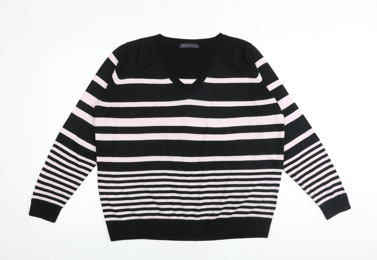 Marks and Spencer Womens Black V-Neck Striped Acrylic Pullover Jumper Size 18