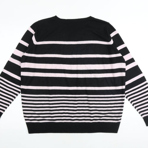 Marks and Spencer Womens Black V-Neck Striped Acrylic Pullover Jumper Size 18