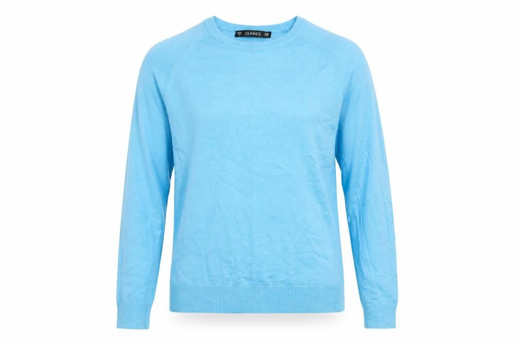 Front view of Dunnes women’s blue round neck viscose jumper, size S