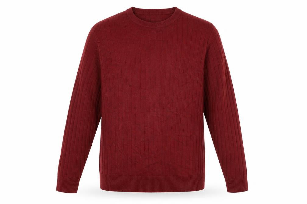 Front view of Wolsey men’s red round neck acrylic jumper, size S, long sleeve