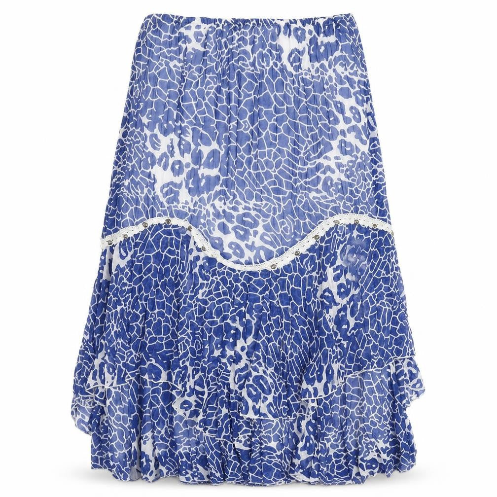 Front view of Savoir women’s blue geometric polyester swing skirt, size UK 34, in
