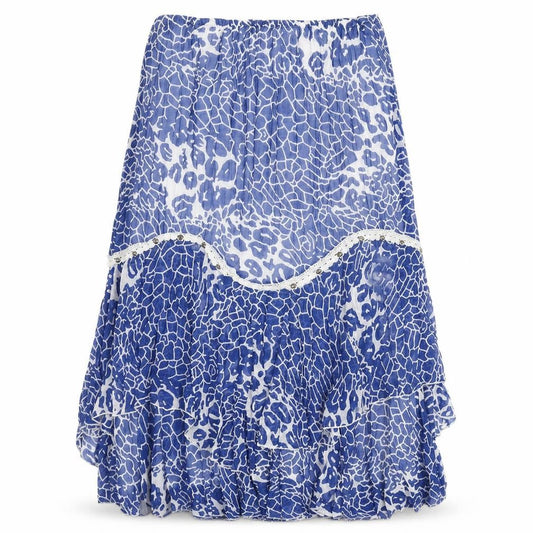 Front view of Savoir women’s blue geometric polyester swing skirt, size UK 34, in