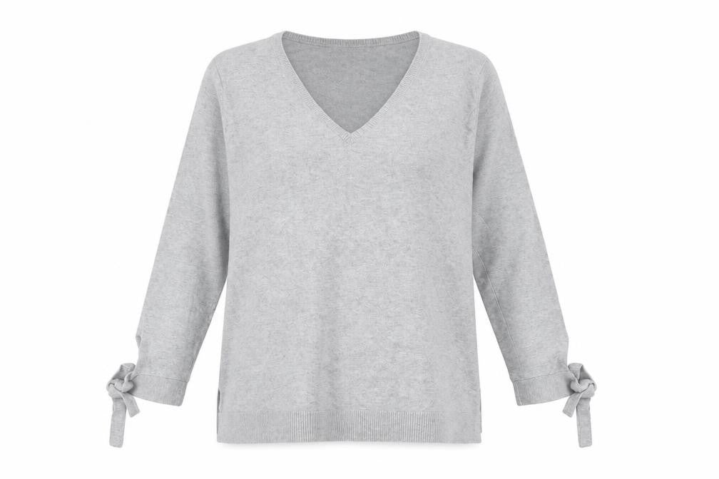 Front view of Very women’s grey v-neck cotton jumper, size UK 10