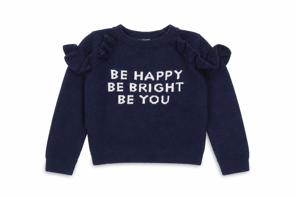 Front view of Next girls’ blue round neck cotton jumper, size 4, years pullover - be happy be bright be you