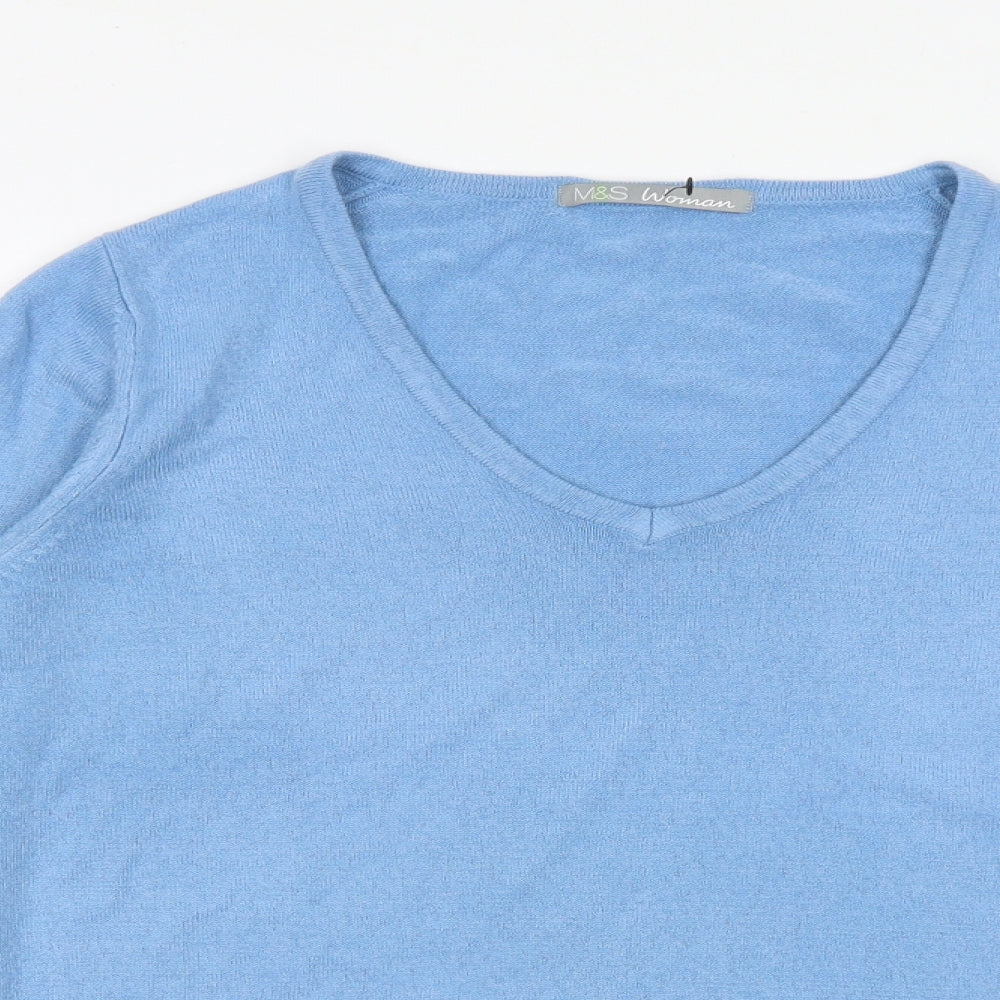 Marks and Spencer Womens Blue V-Neck Acrylic Pullover Jumper Size 12
