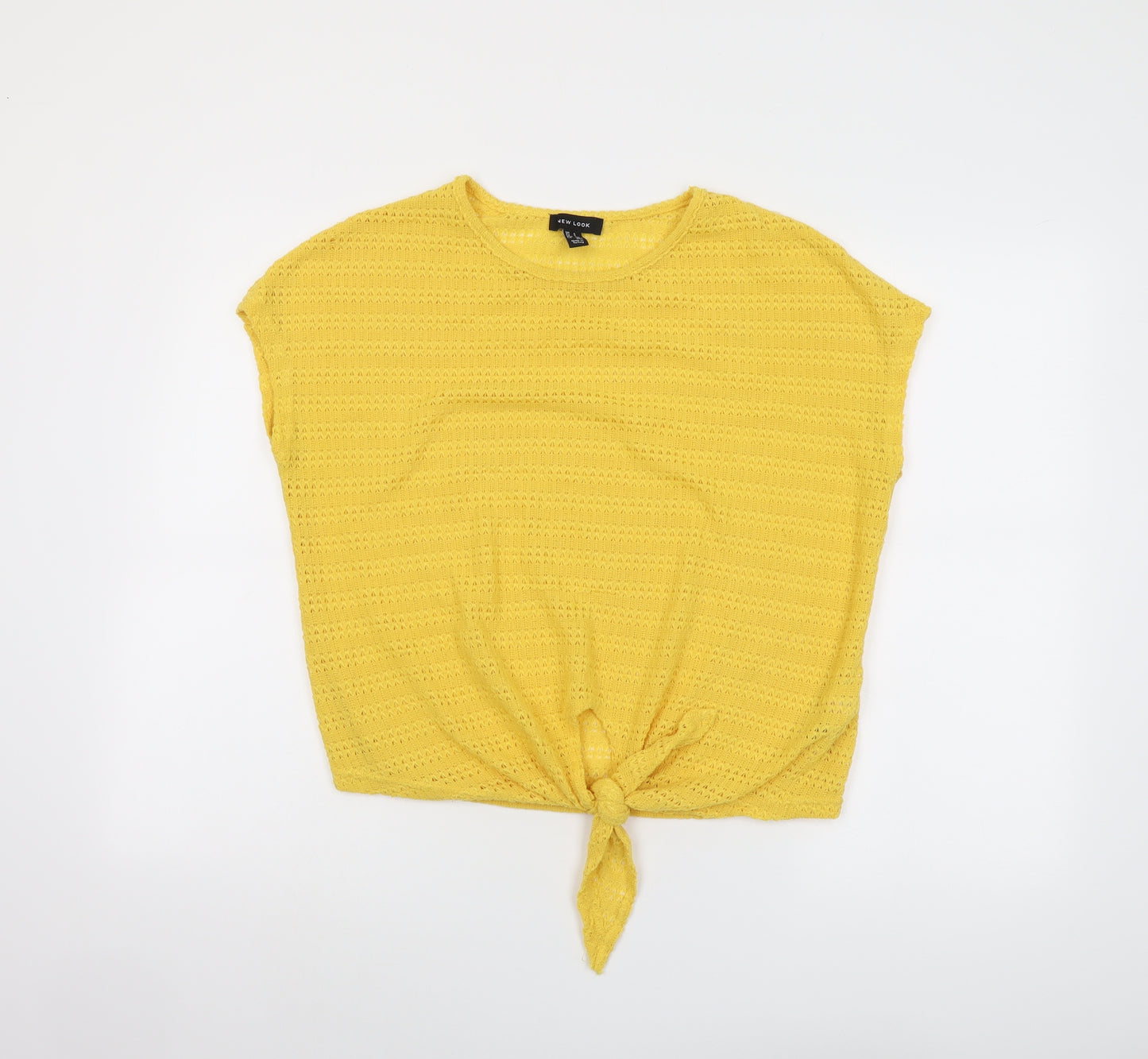 New Look Womens Yellow Polyester Basic Blouse Size S Round Neck - Textured Tie Front