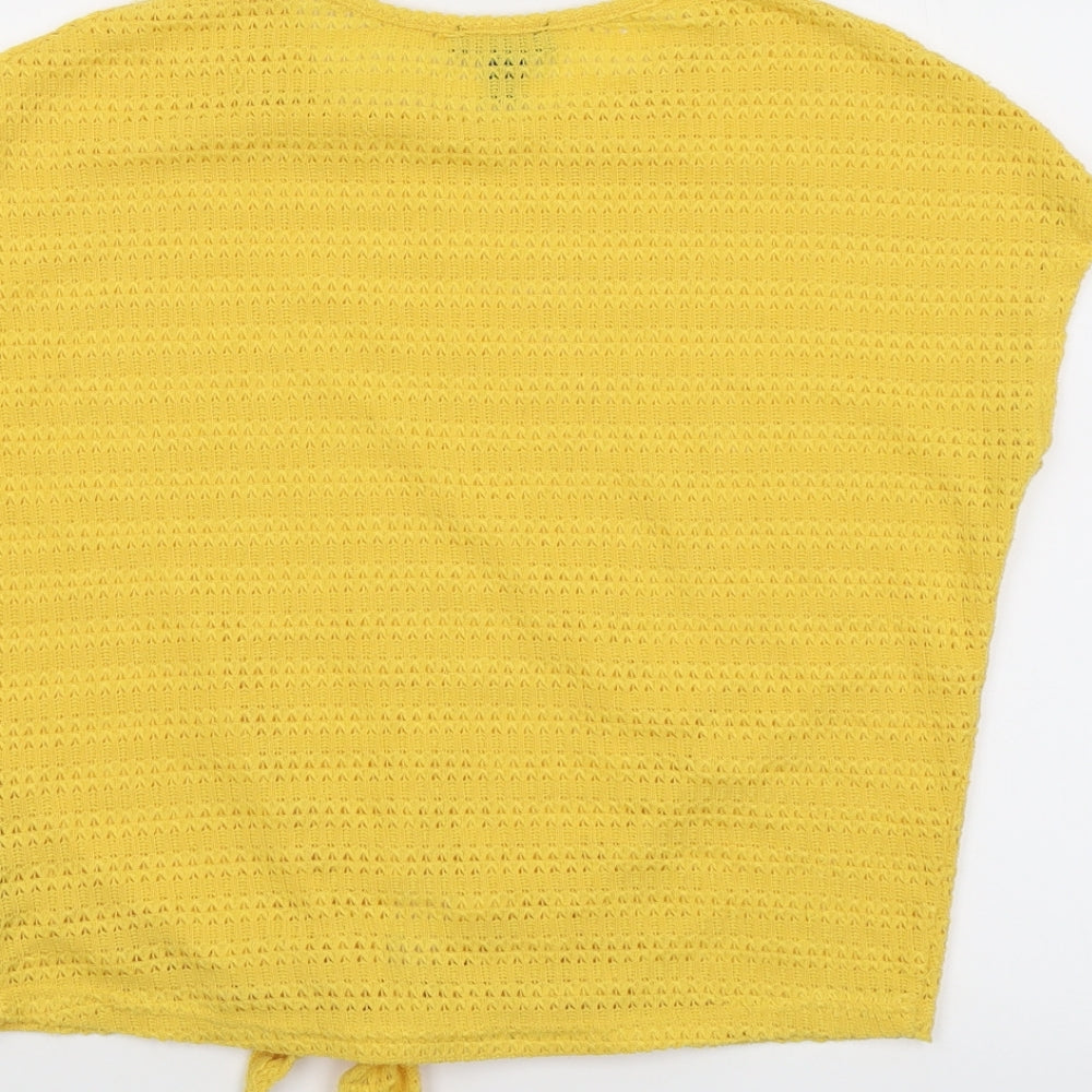 New Look Womens Yellow Polyester Basic Blouse Size S Round Neck - Textured Tie Front