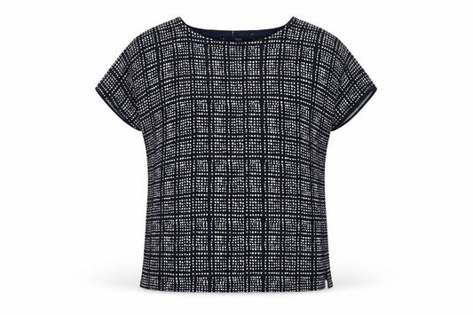 Front view of Next women’s blue round neck geometric acrylic jumper, size UK 12