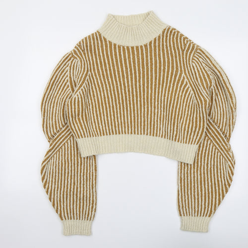 NA-KD Womens Beige High Neck Striped Acrylic Pullover Jumper Size XS