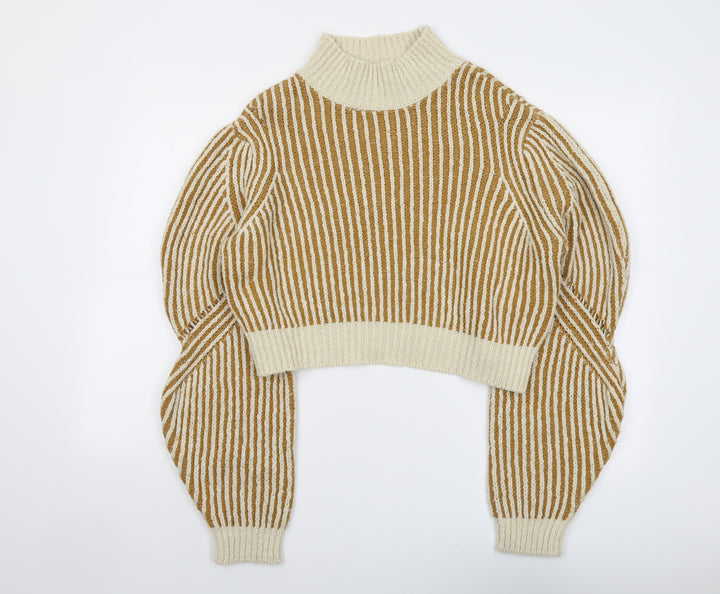 NA-KD Womens Beige High Neck Striped Acrylic Pullover Jumper Size XS